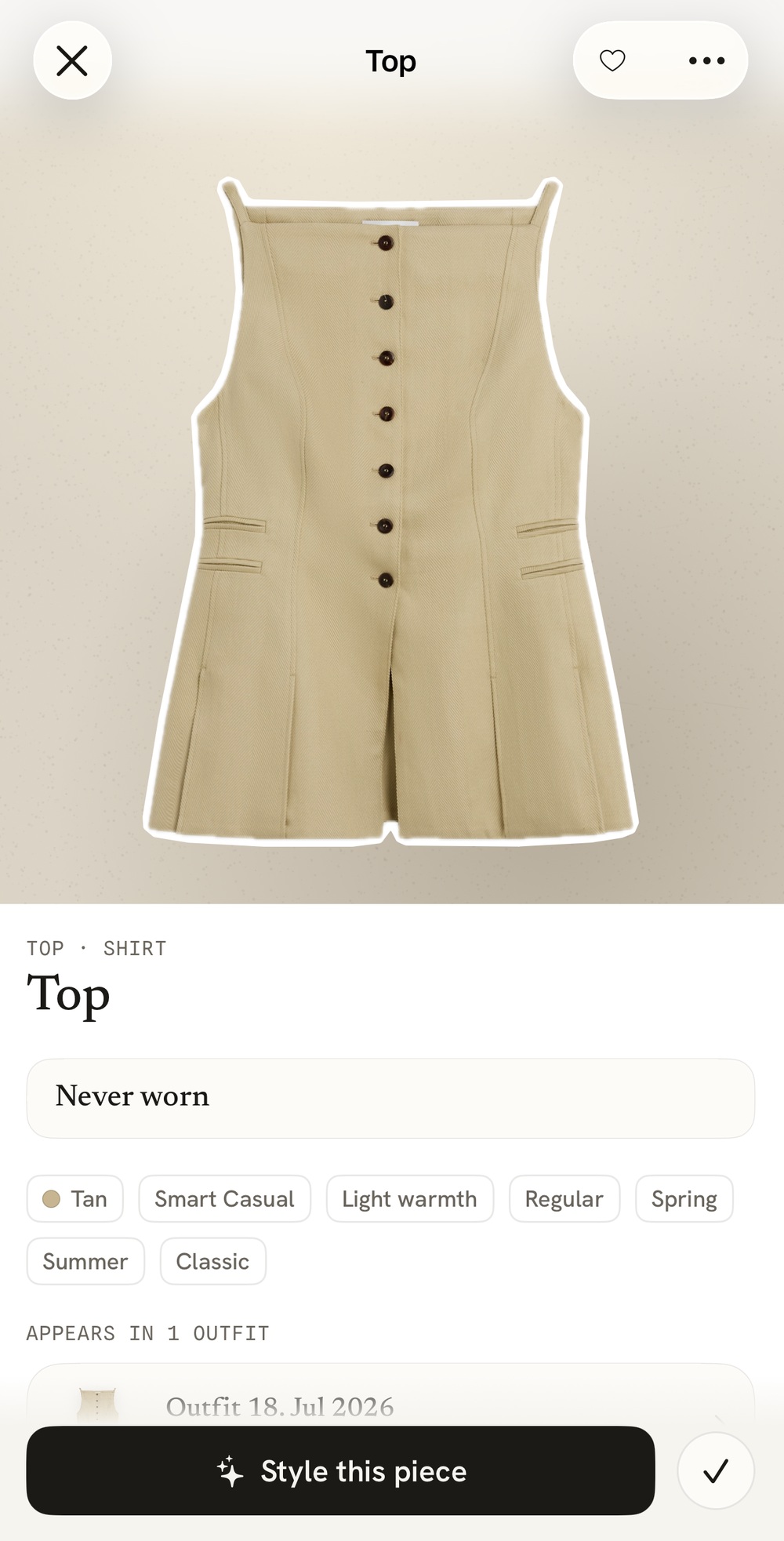 A single garment detail screen in Dodee, tagged Tan, Smart Casual, Light warmth, Regular, Spring, Summer, Classic.