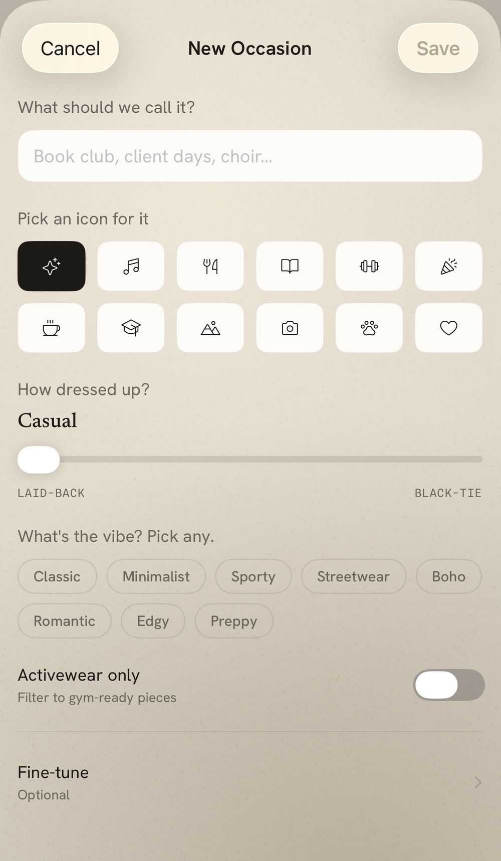 Dodee New Occasion editor: naming an occasion, picking an icon, a formality dial from laid-back to black-tie, style vibe chips, and an activewear-only toggle.