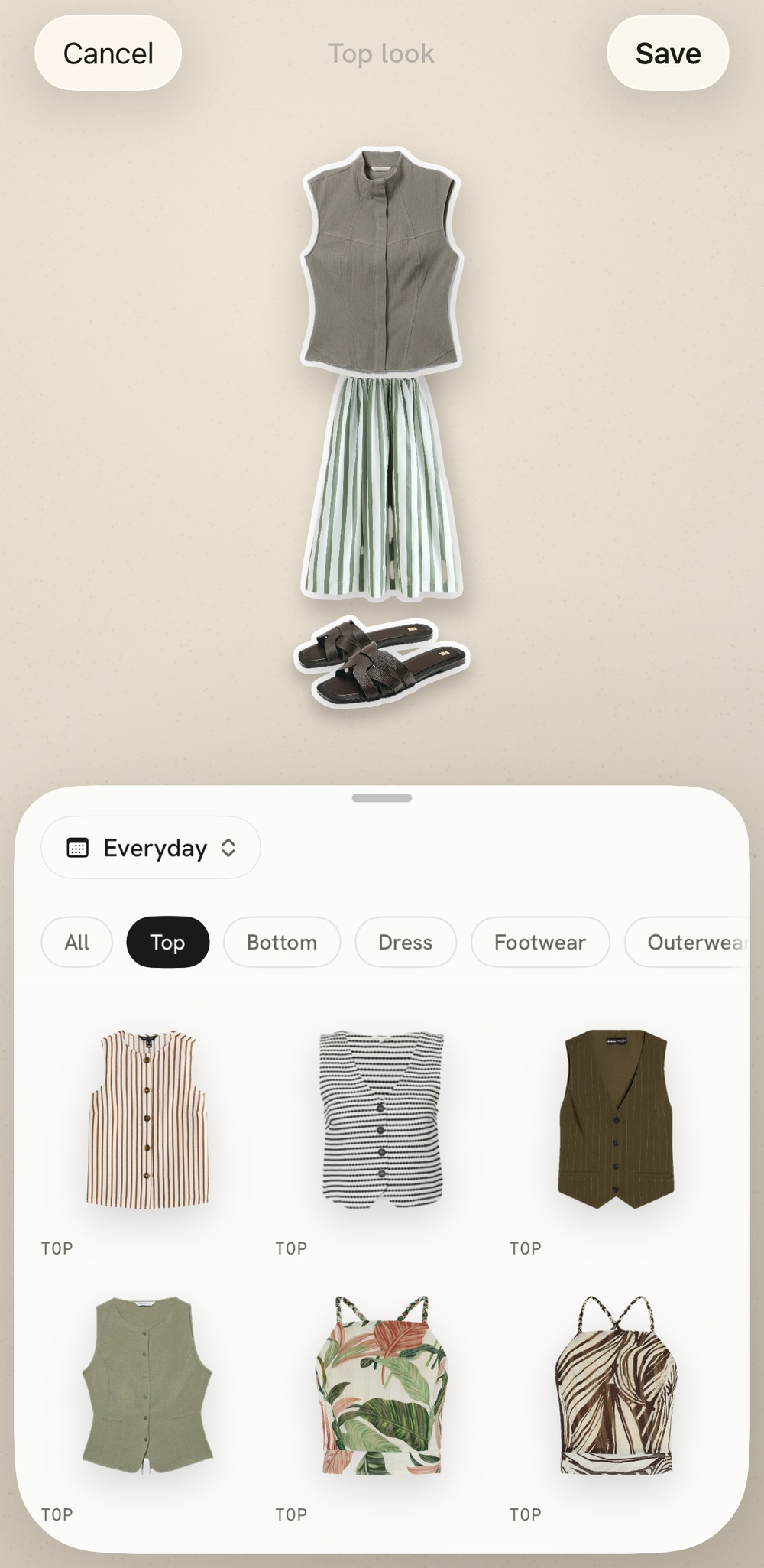 Dodee outfit builder: a preview of a gray top, striped skirt, and sandals, above a garment picker filtered to Tops.