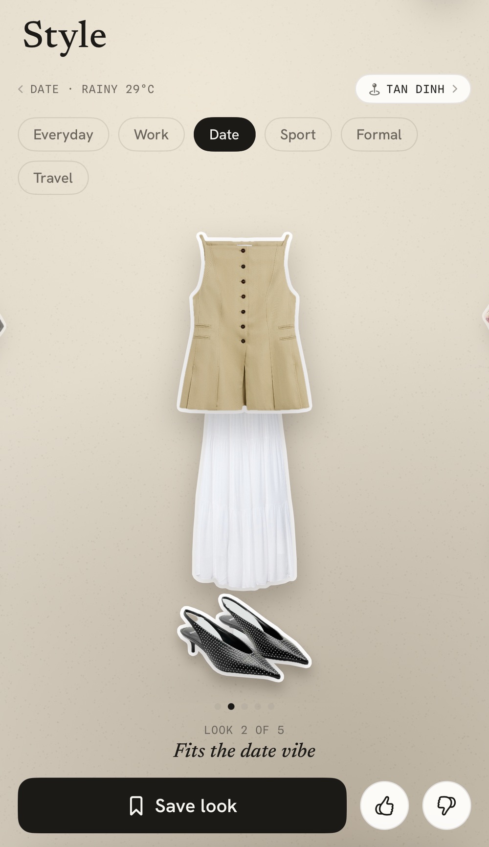 Dodee's daily outfit result: a tan pleated top, white tiered skirt, and black slingback heels, captioned “Fits the date vibe.”