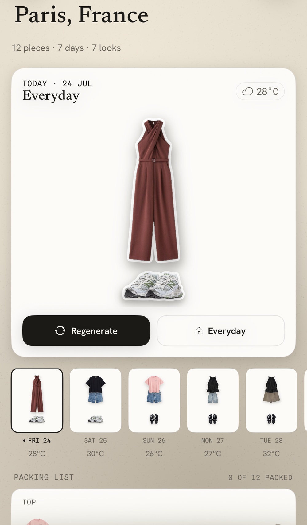Dodee trip planner for Paris, France: 12 pieces for 7 days and 7 looks, a day-by-day outfit strip, and a packing list.