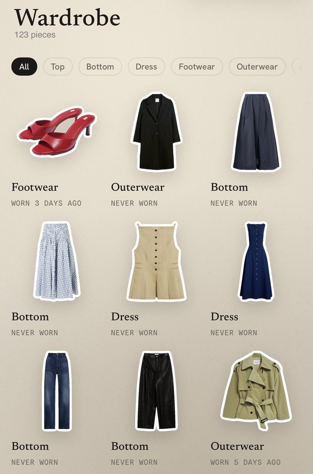 Dodee wardrobe grid showing red heeled sandals, a black coat, a navy skirt, and other garments cut out cleanly against a linen background.