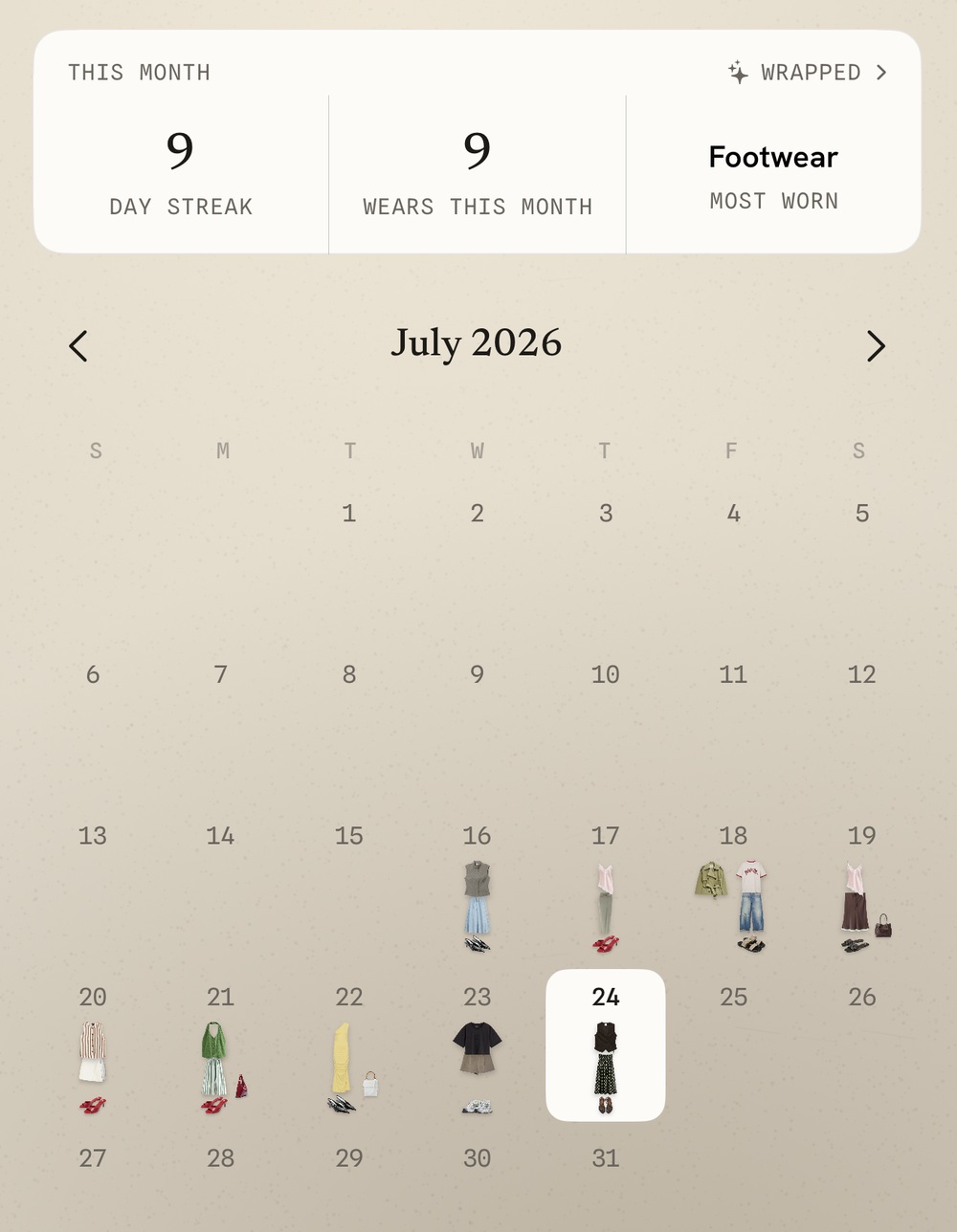 Dodee wear stats card showing a 9 day streak and 9 wears this month, above a July calendar with tiny outfit thumbnails on the days it was used.