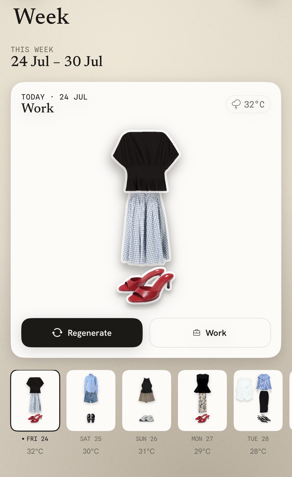 Dodee weekly plan for a work day, showing a full outfit with a Regenerate button and a day-strip of the next five days with temperatures.